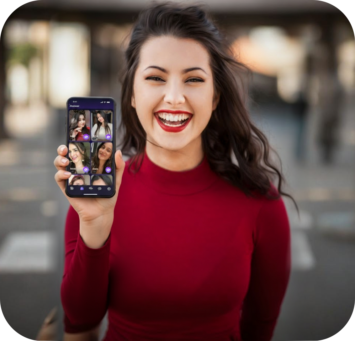 Woman holding smartphone with video calls
